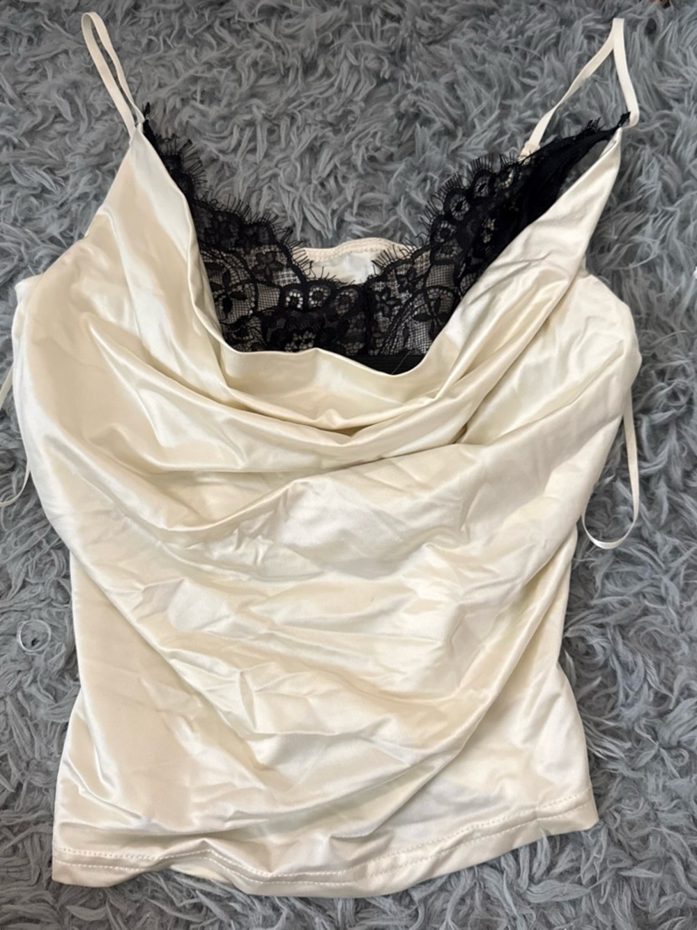 Ivory Satin Cowl Neck Camisole with Black Lace Trim